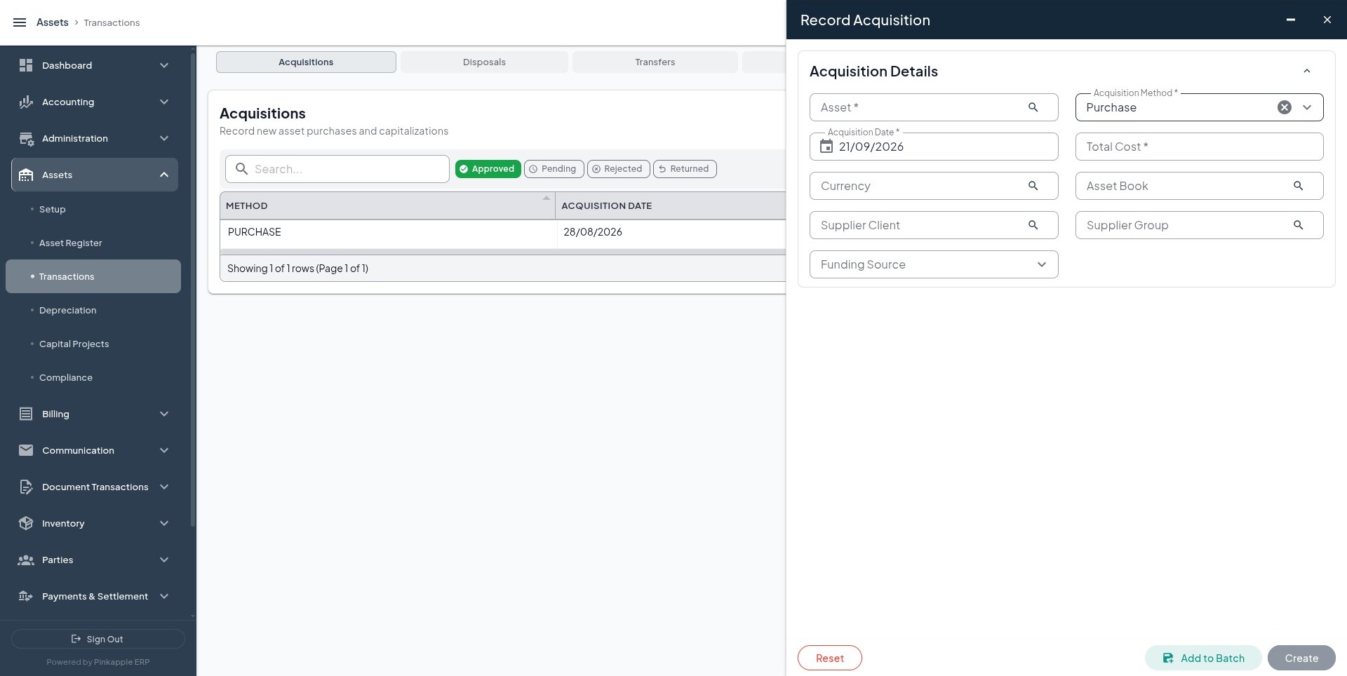 Record Acquisition form in the Assets workspace