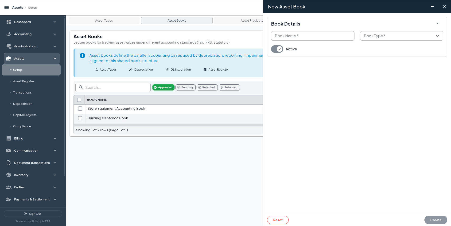 Create Asset Book form