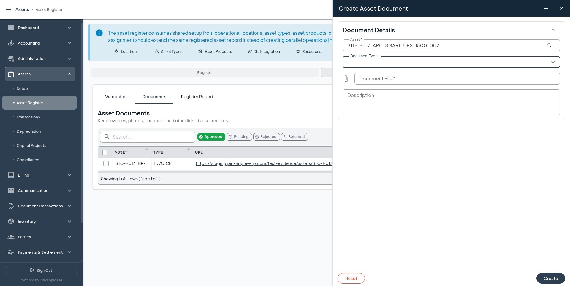 Create Asset Document form