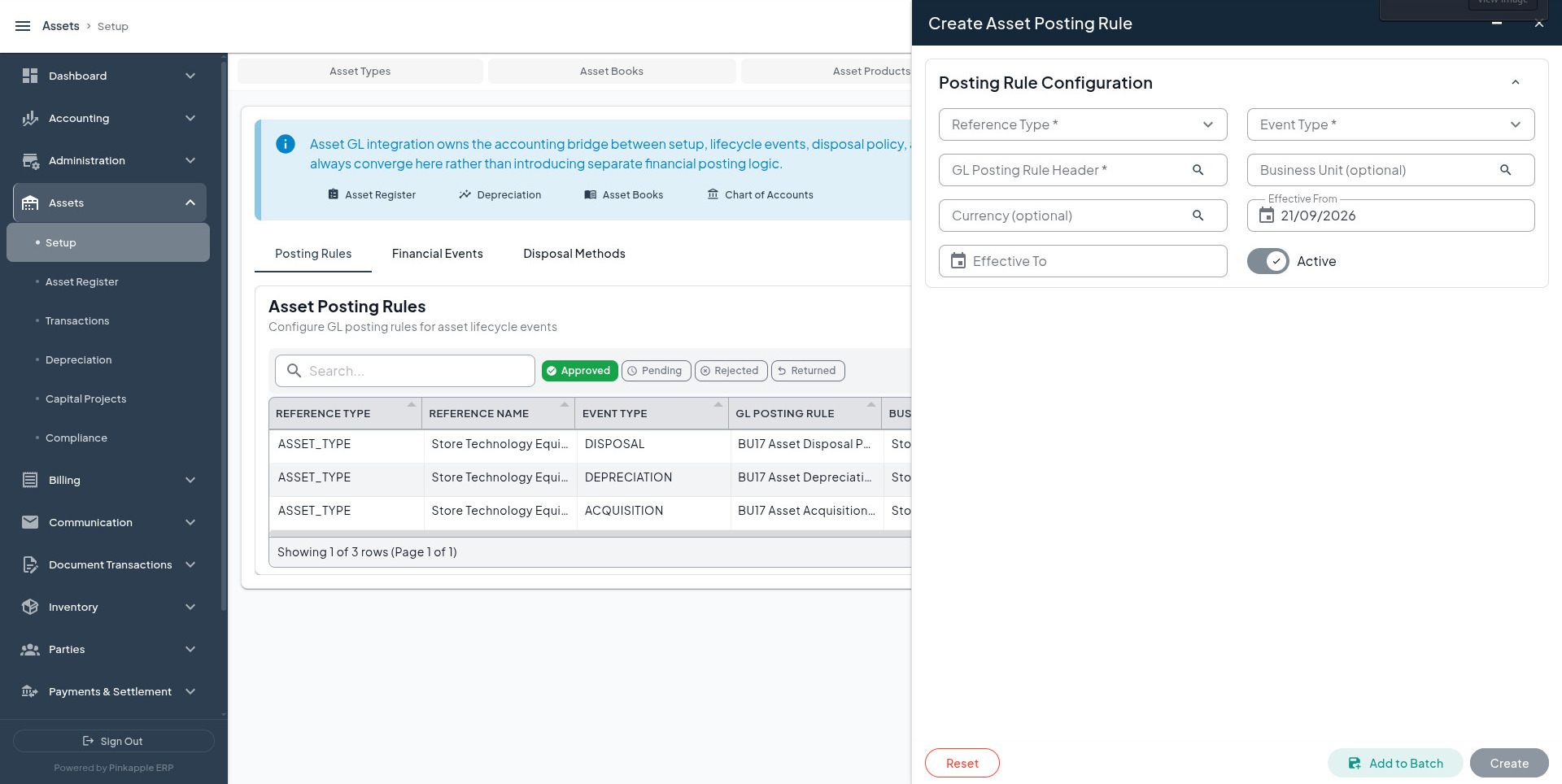 Create Asset Posting Rule form