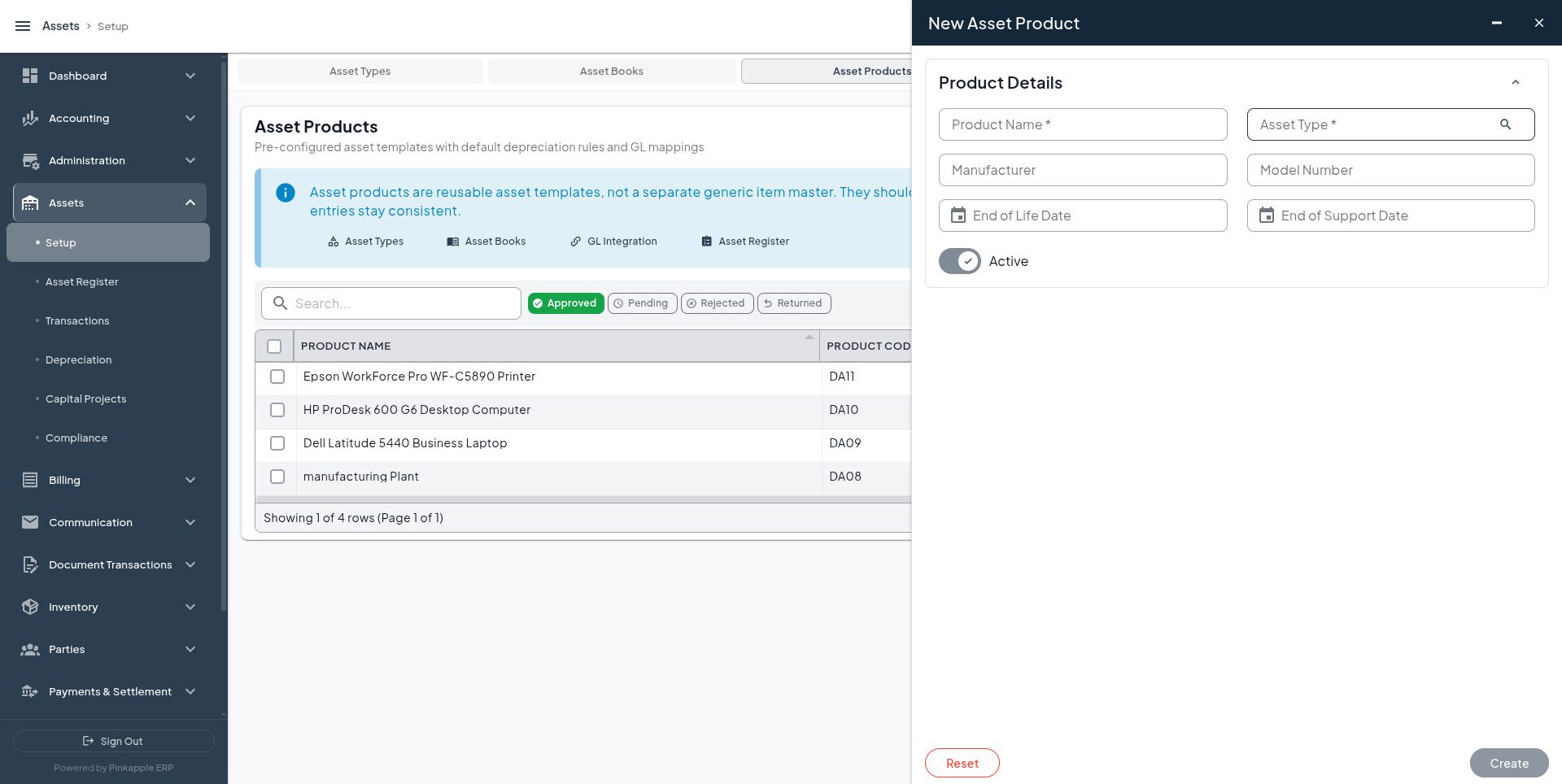 Create Asset Product form