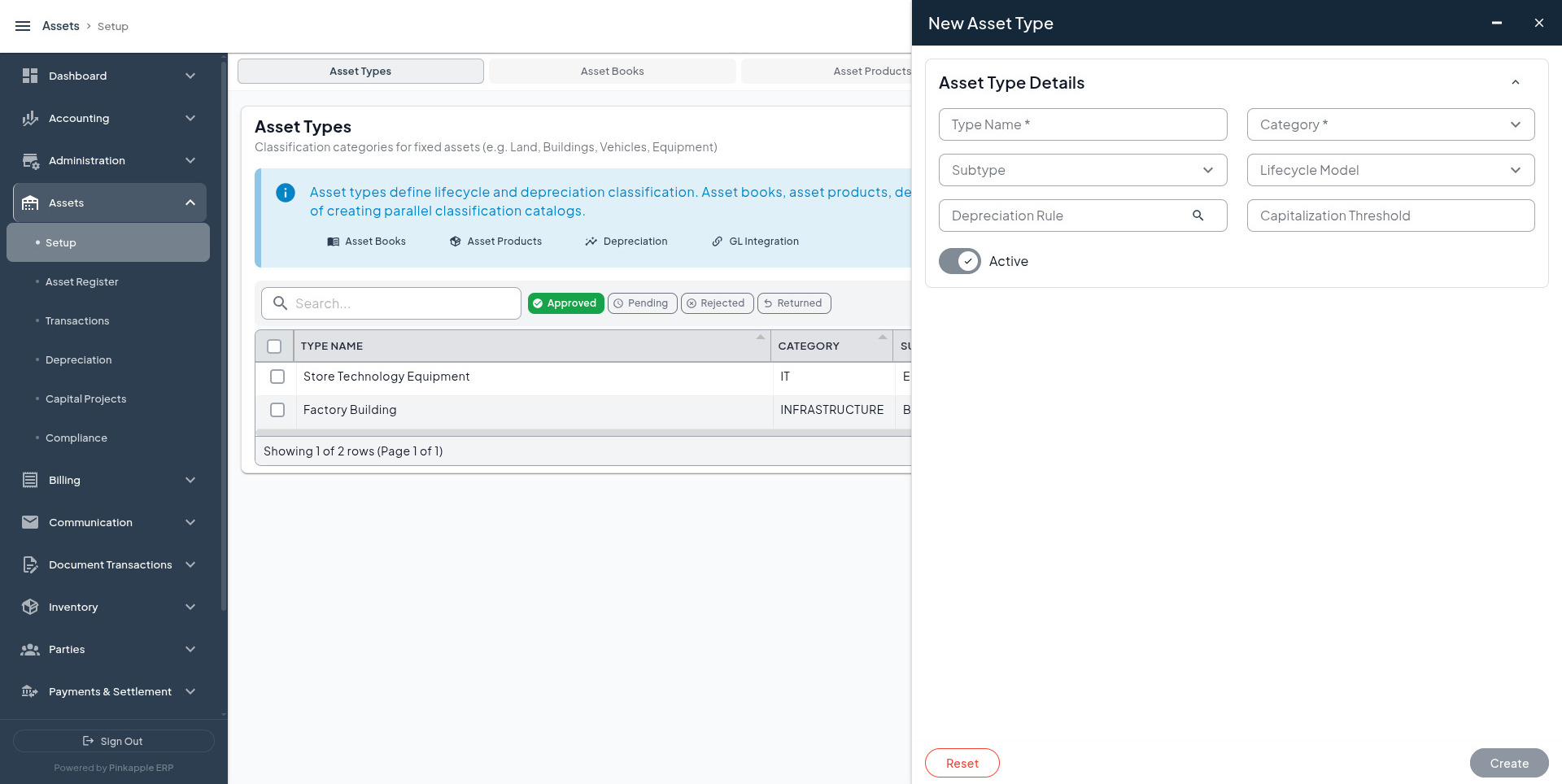 Create Asset Type form