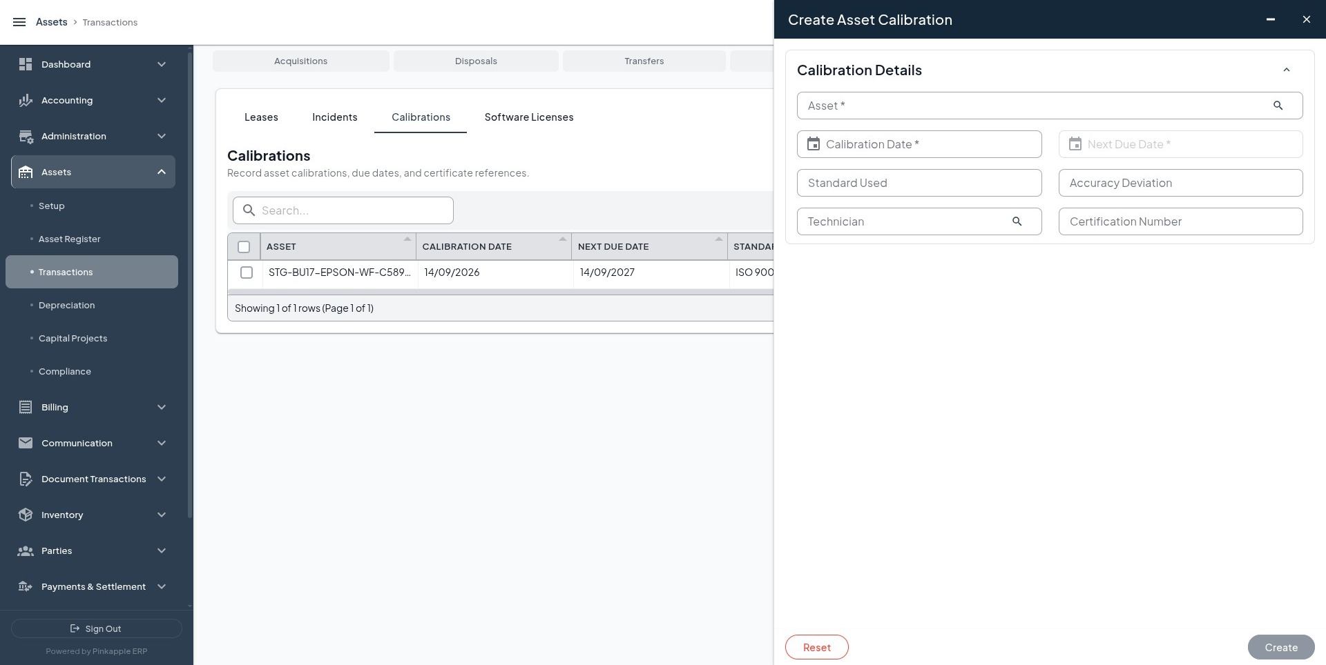 Create Asset Calibration form