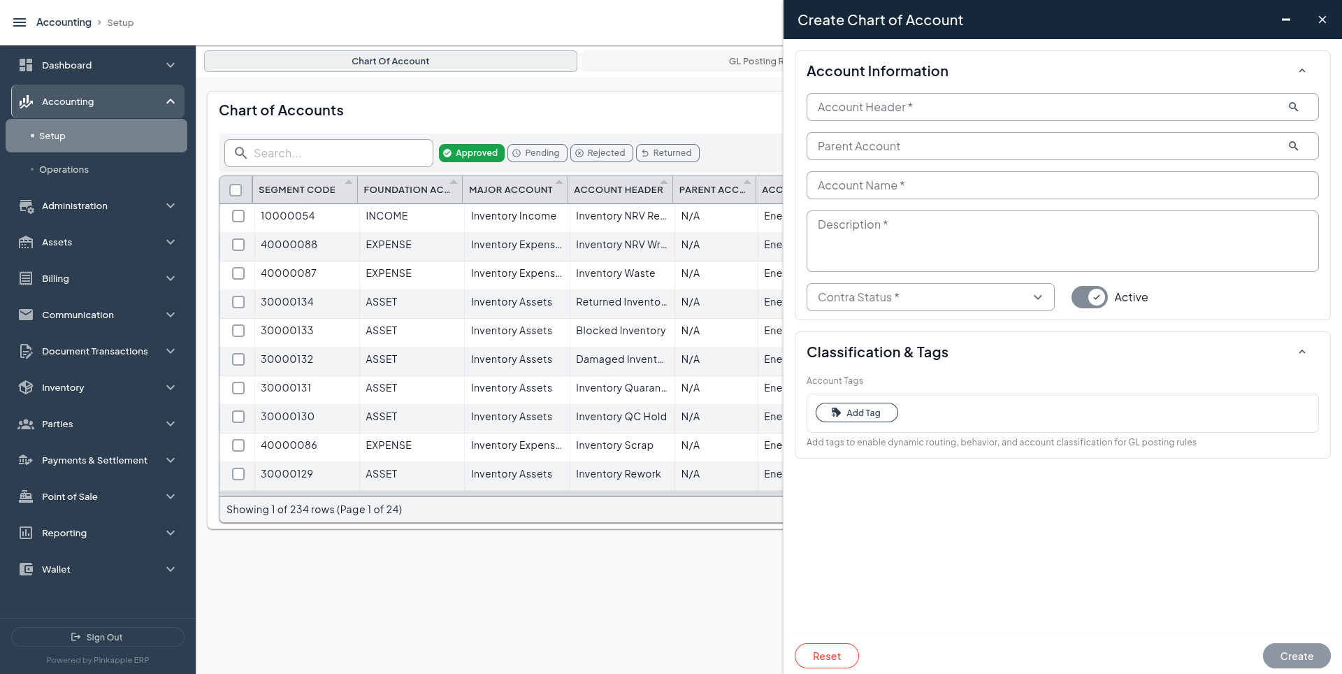 Create Chart of Account form