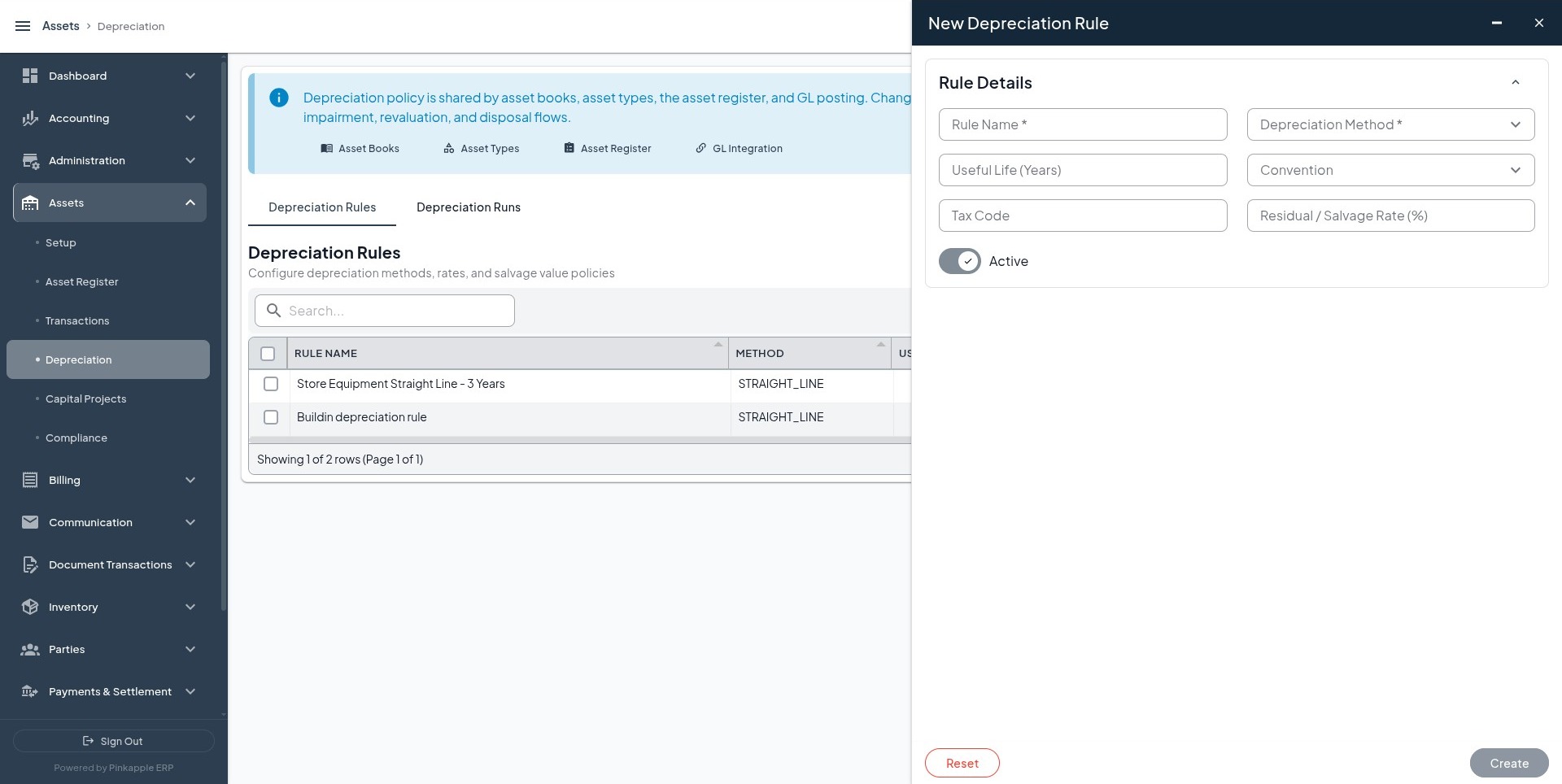 Depreciation Rules setup page with the New Depreciation Rule form open