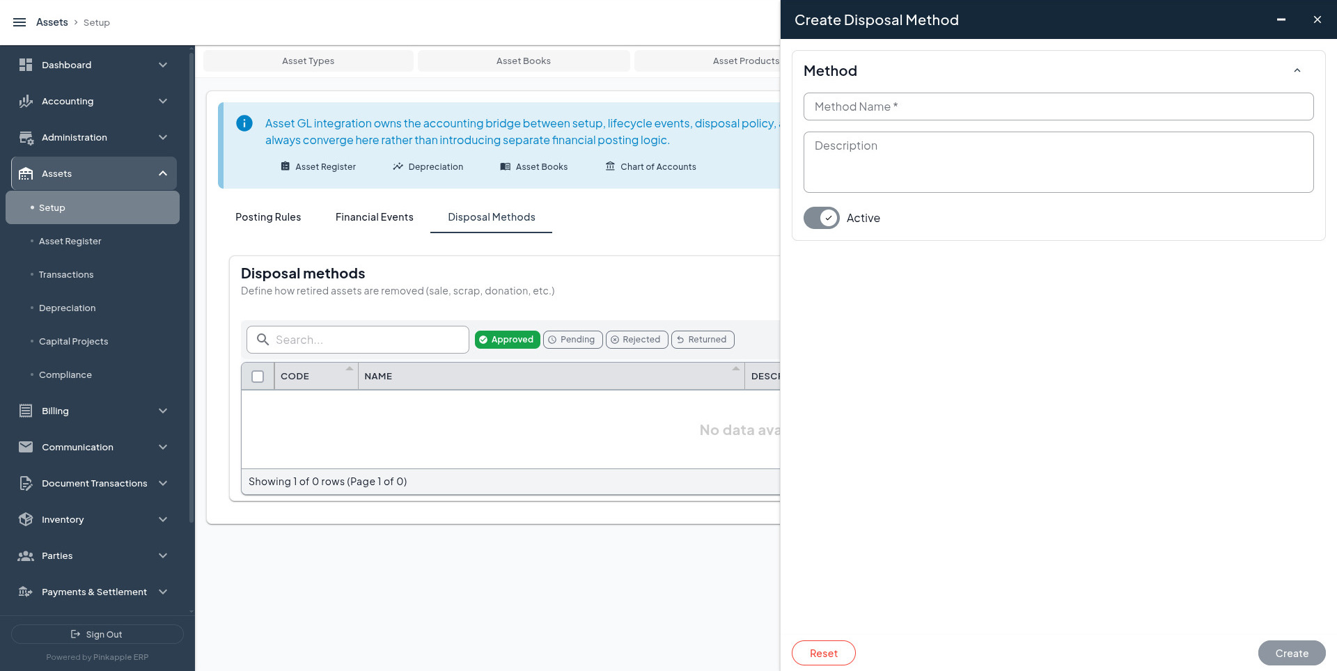 Create Disposal Method form