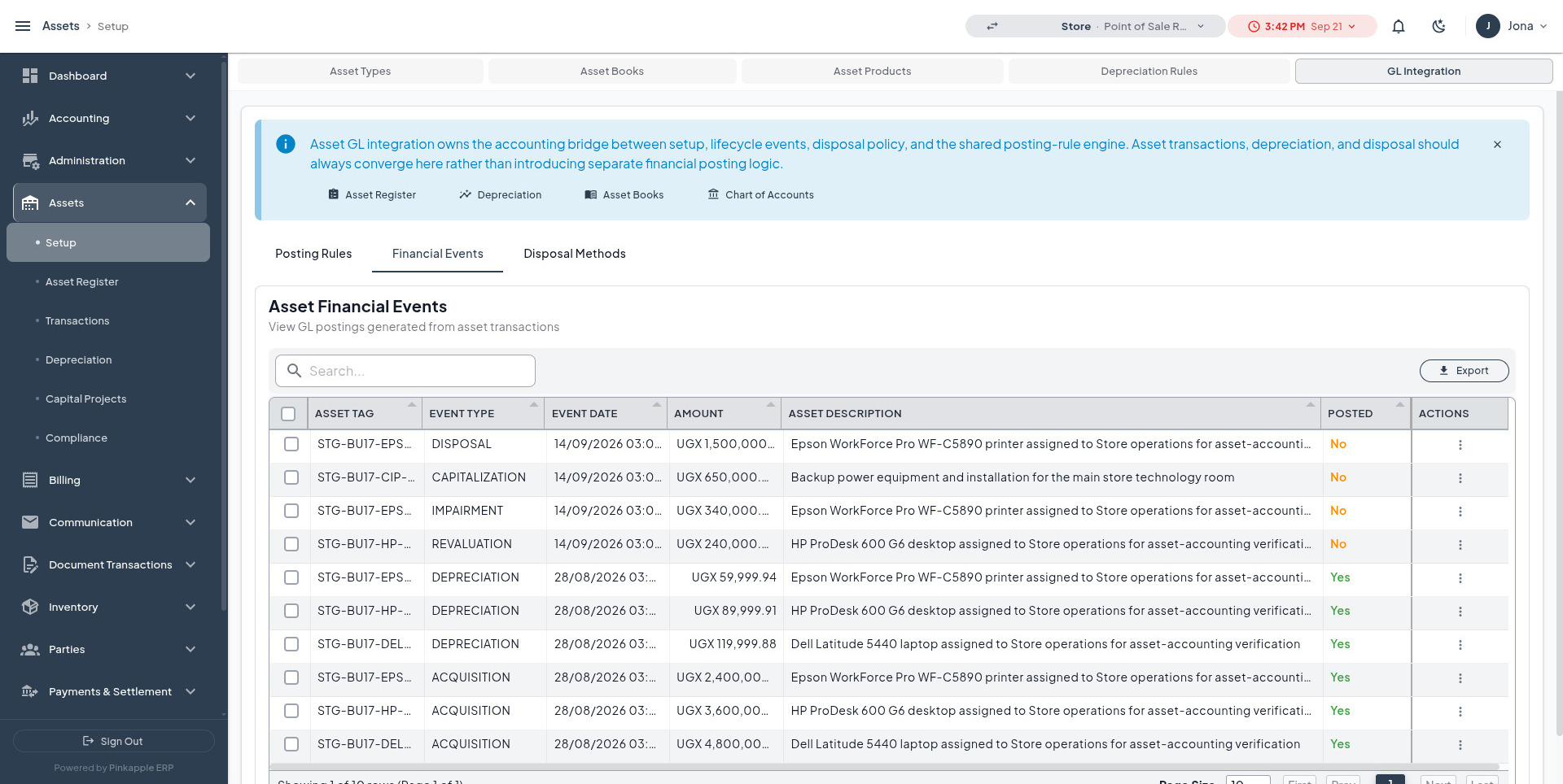 Asset Financial Events list