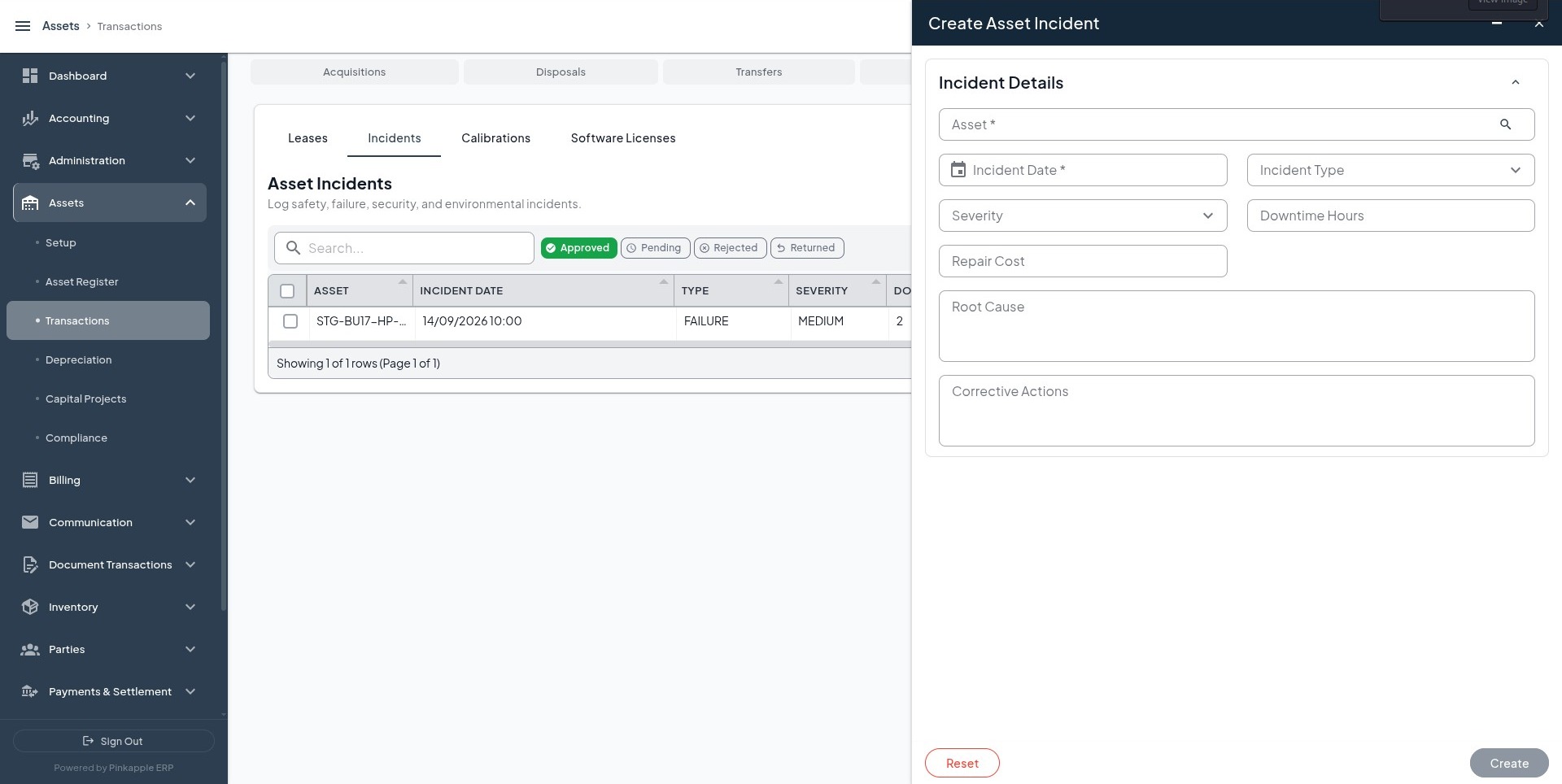 Create Asset Incident form