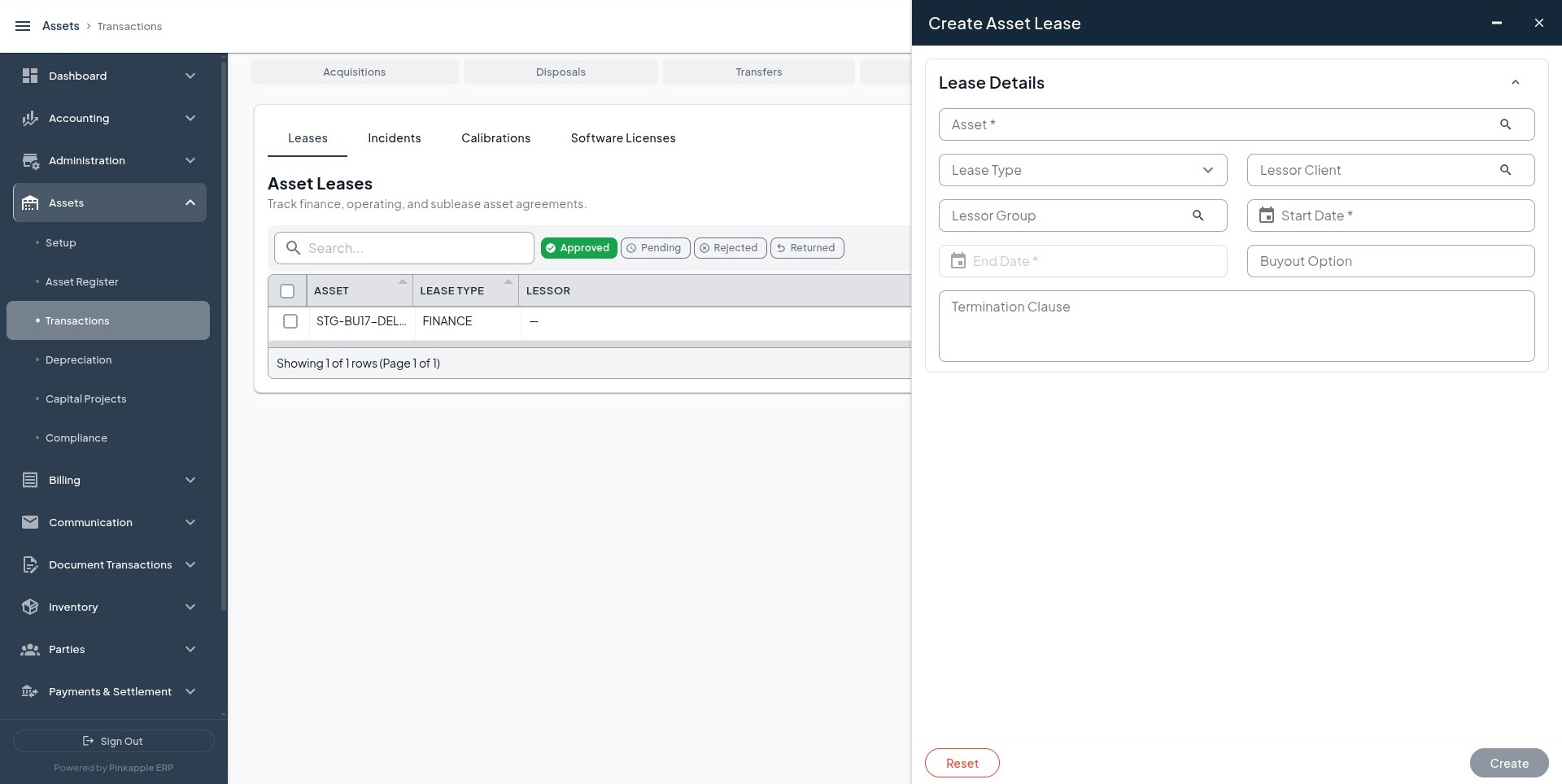 Create Asset Lease form