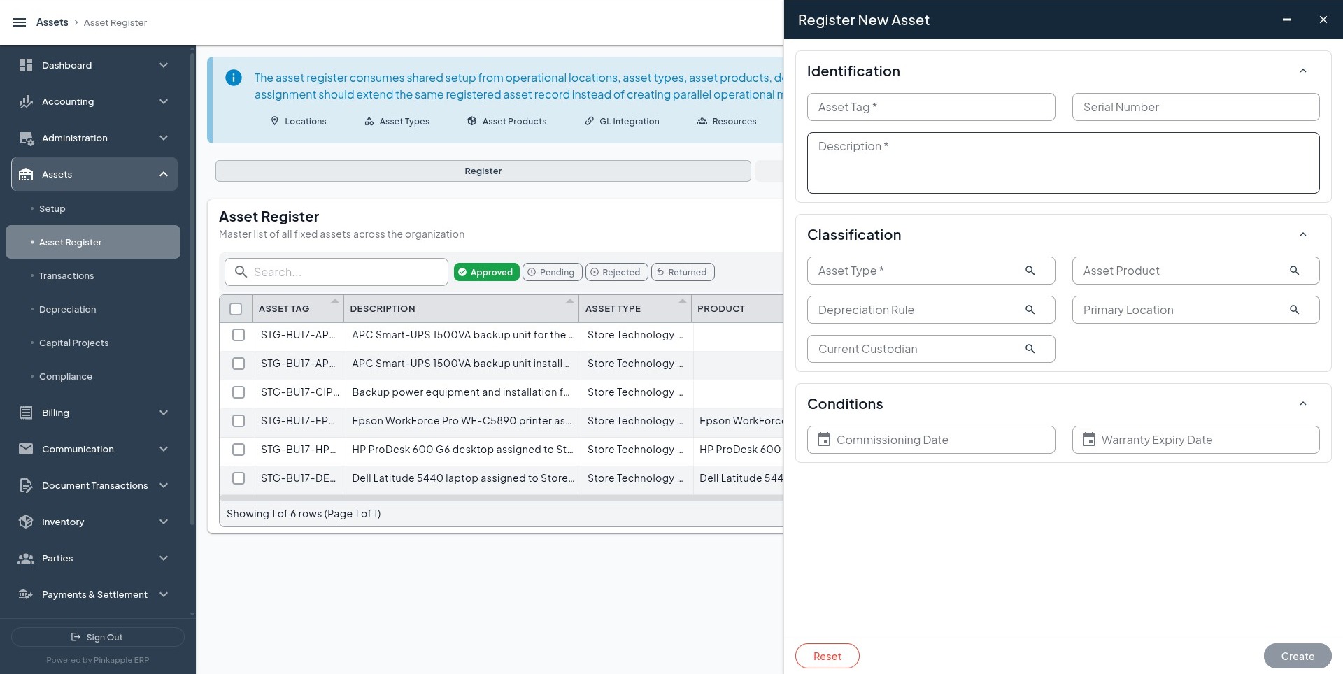 Asset Register with the Register New Asset form open