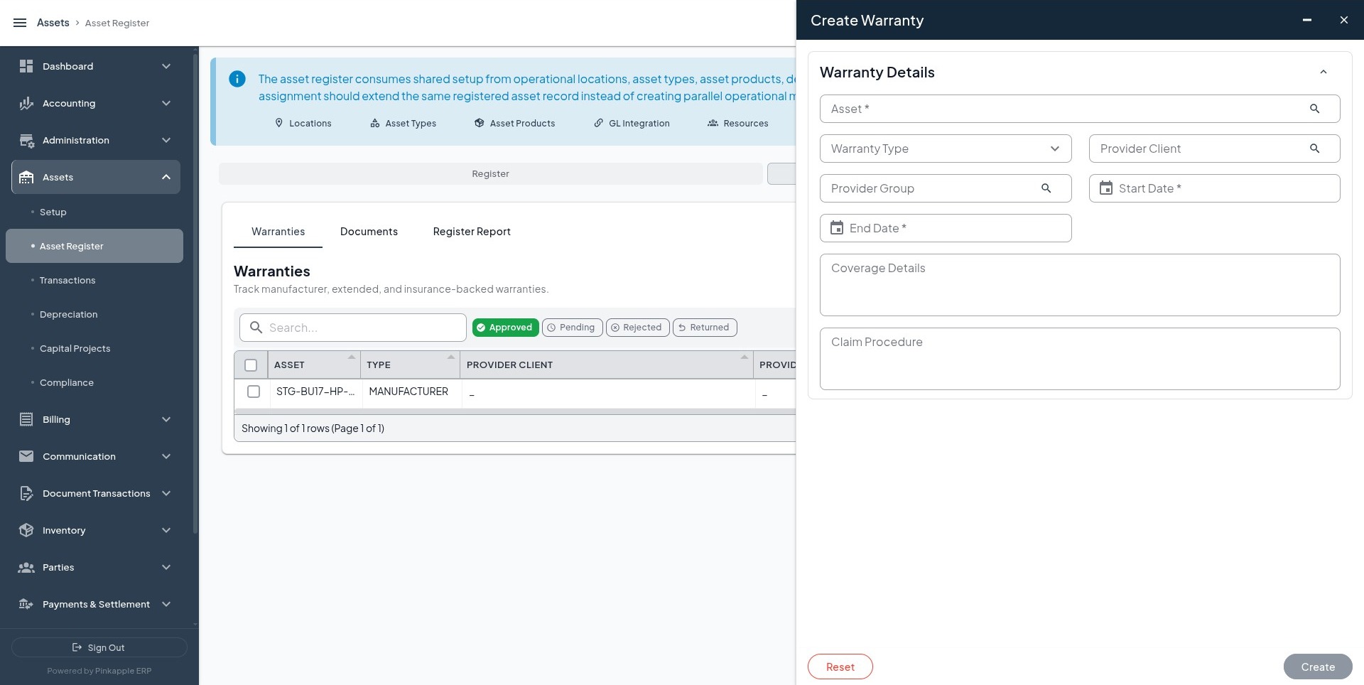 Create Warranty form